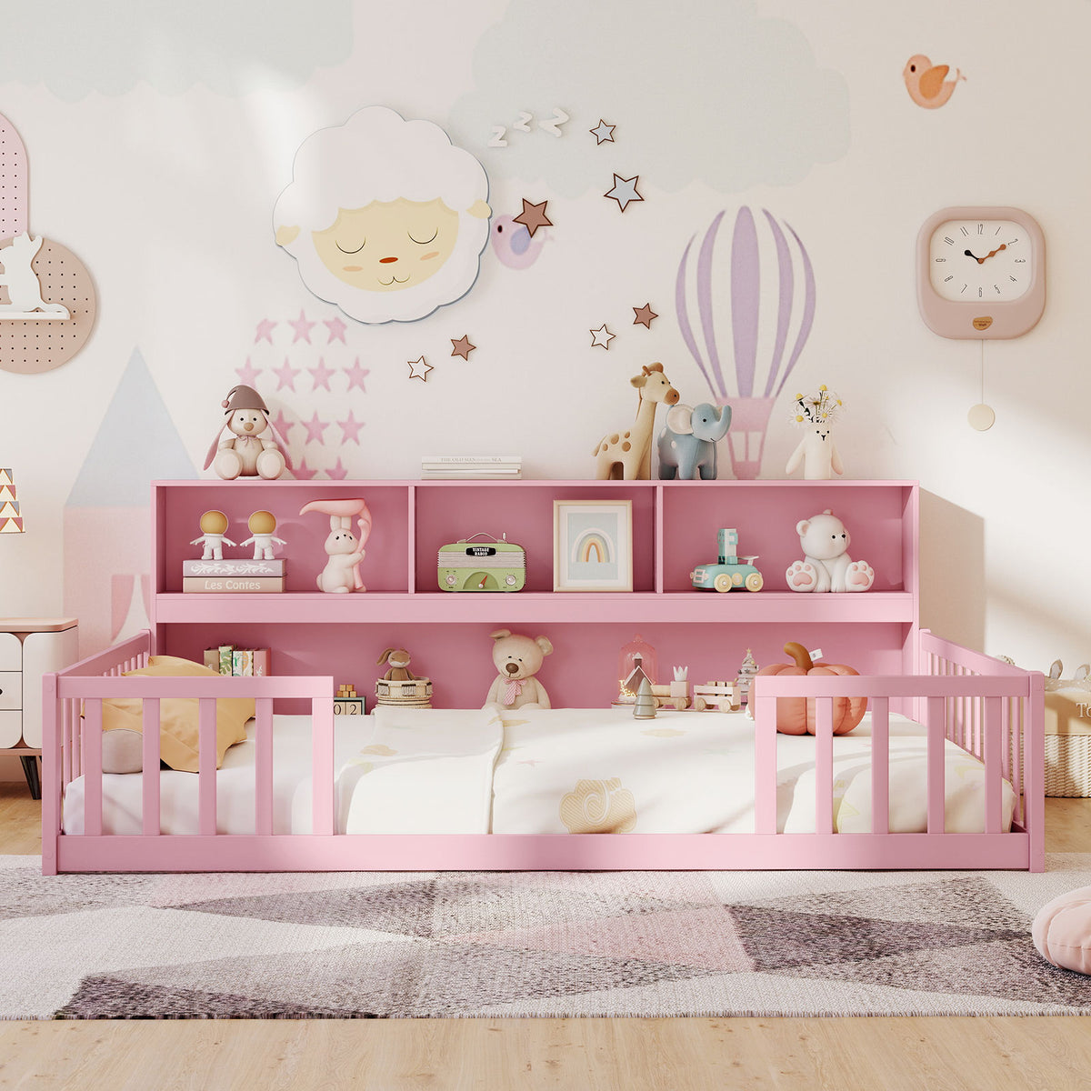 Montessori Floor Bed with Bookcase - Full Size, Pink