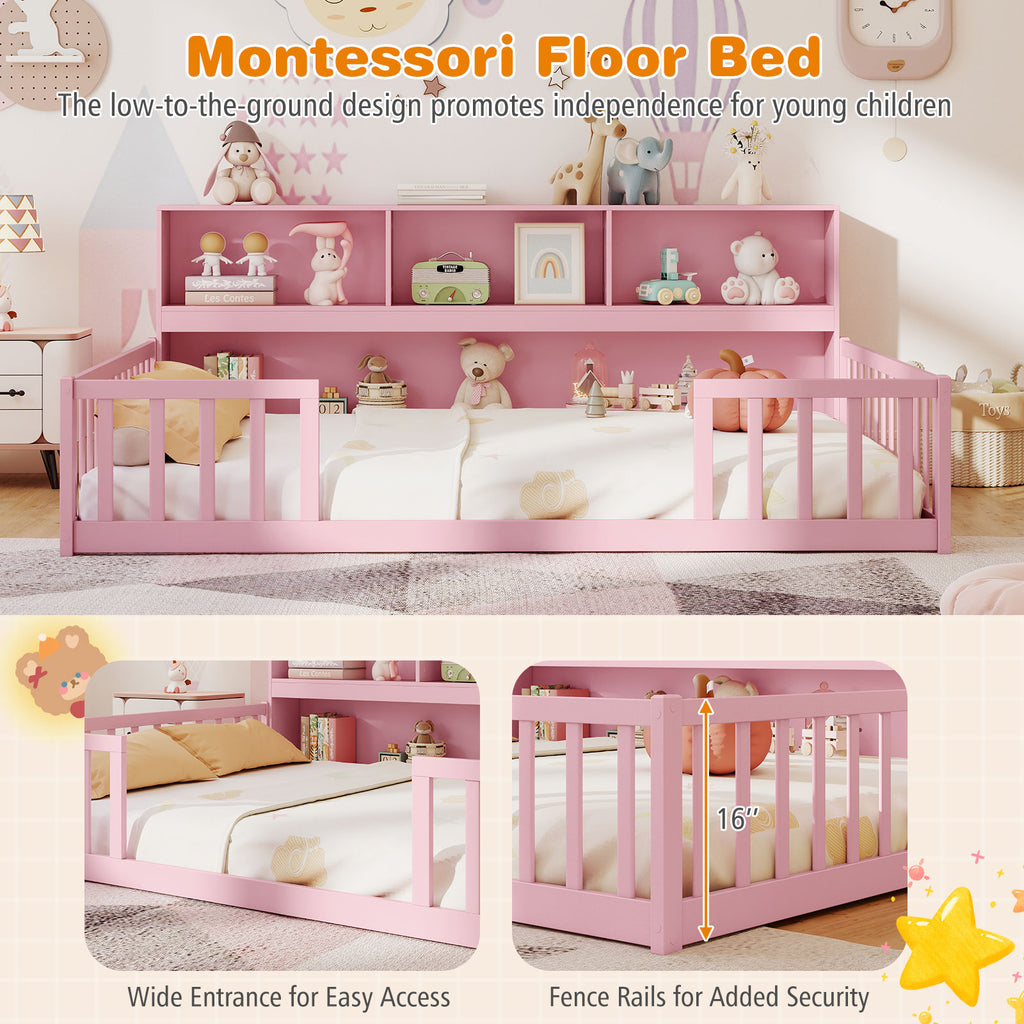 Montessori Floor Bed with Bookcase - Full Size, Pink