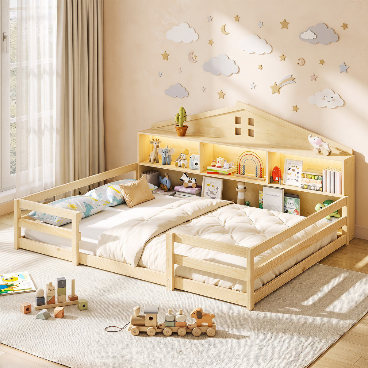 Full Size Montessori Floor Bed with Storage - Natural