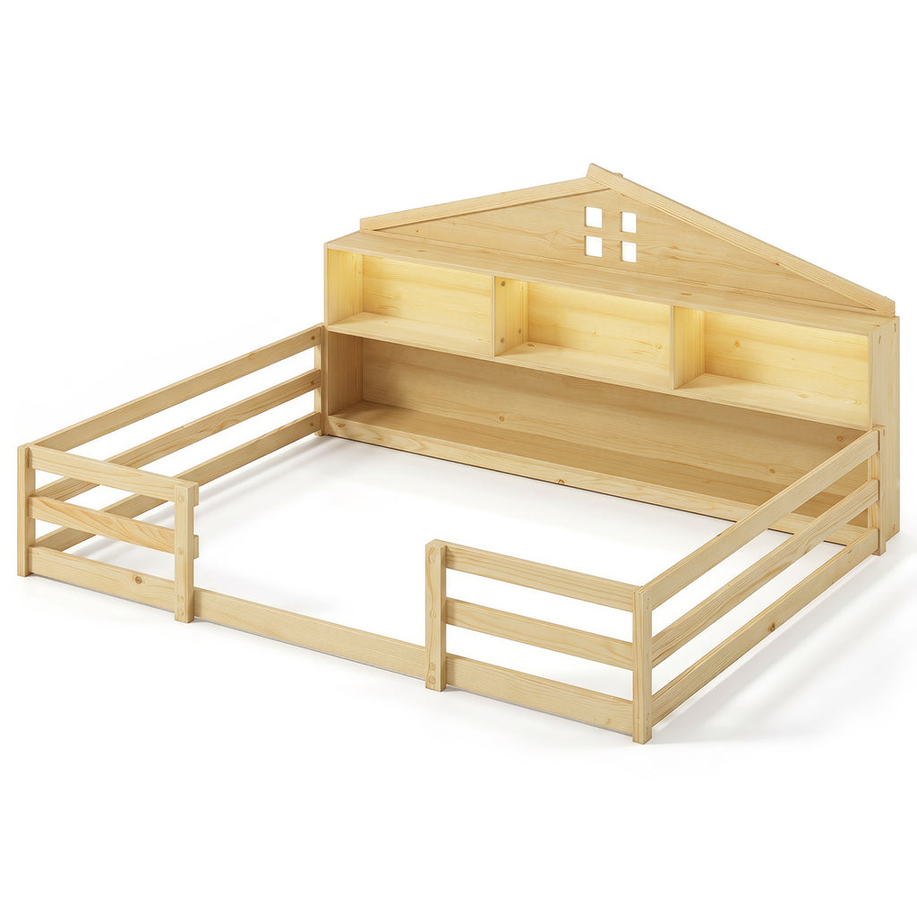 Full Size Montessori Floor Bed with Storage - Natural