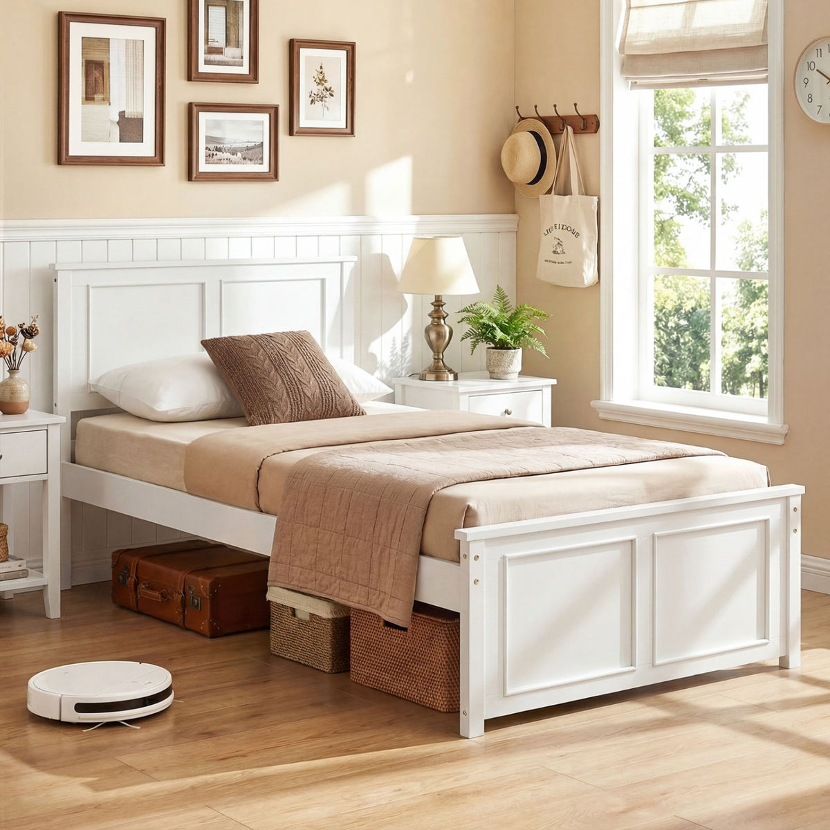 Twin Platform Bed Frame with Headboard - White
