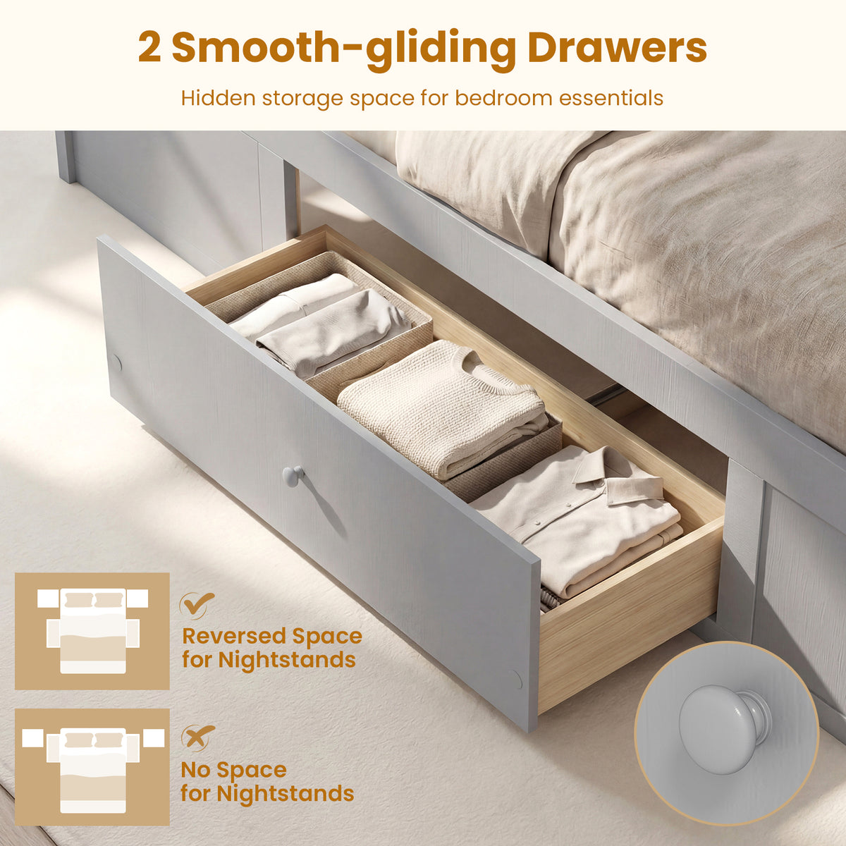 Full Size Rattan Bed Frame with Storage Drawers - Gray