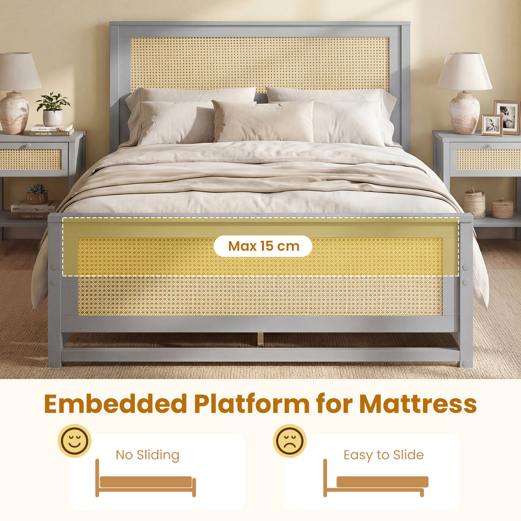 Full Size Rattan Bed Frame with Storage Drawers - Gray