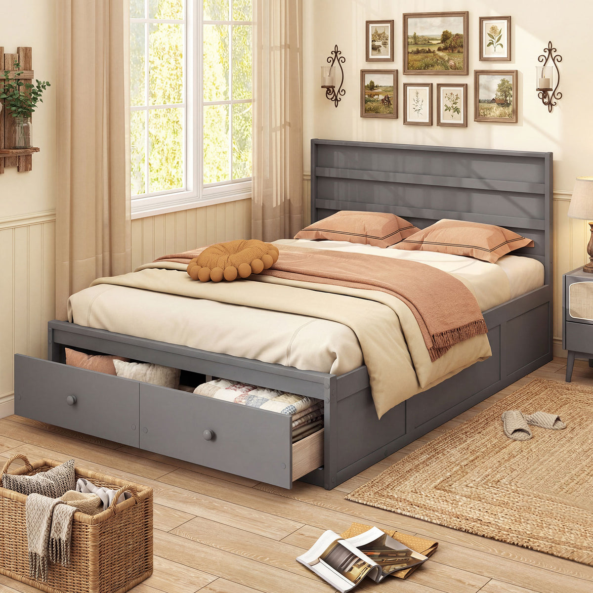 Full Size Wooden Platform Bed Frame with Storage Drawers - Gray