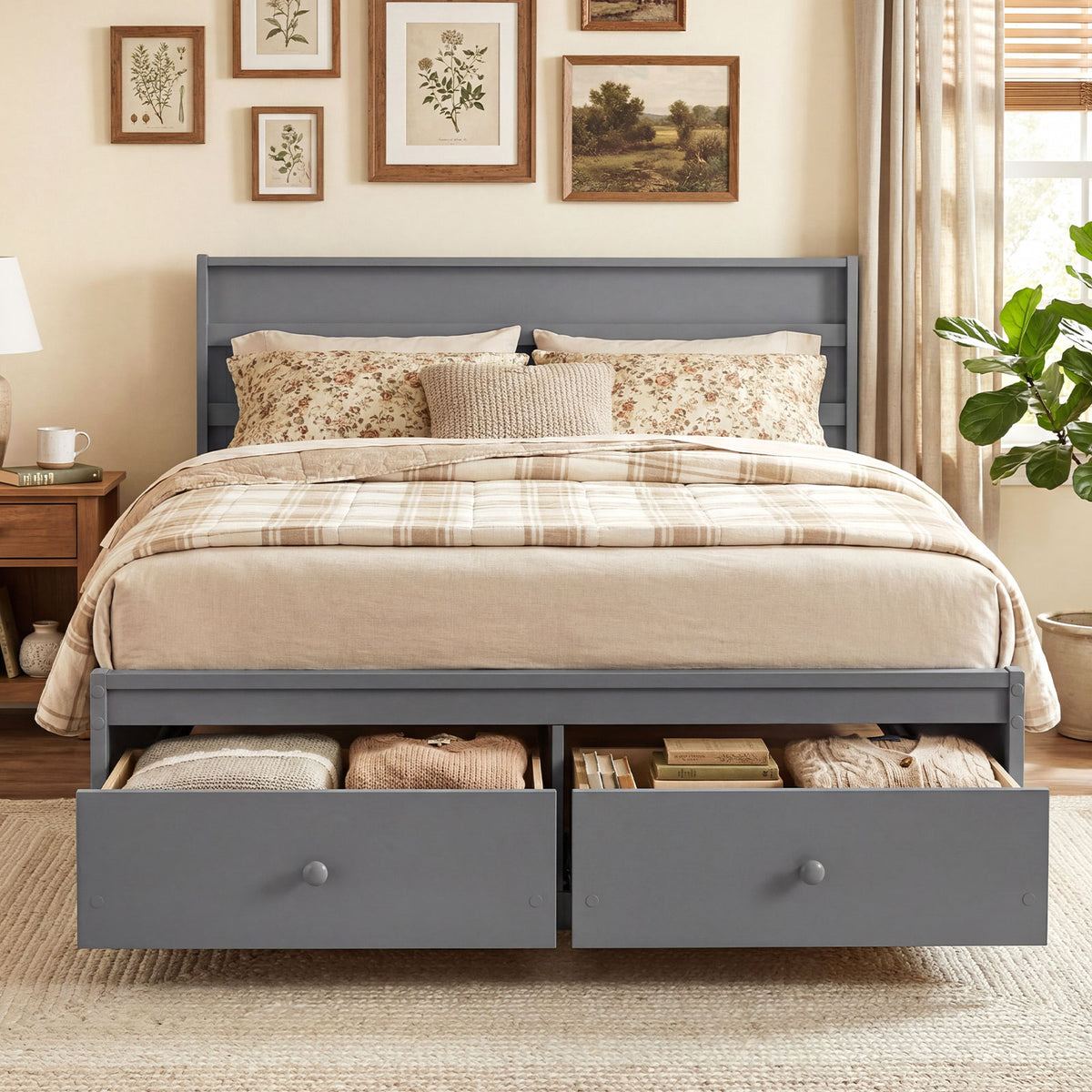 Full Size Wooden Platform Bed Frame with Storage Drawers - Gray