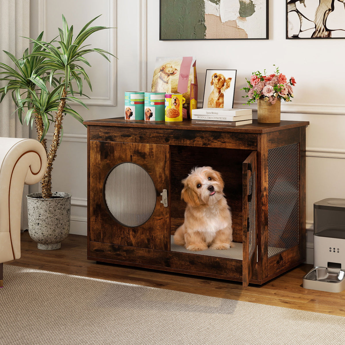 Furniture Style Dog Crate with Translucent Window and Lockable Door - Rustic Brown, Small to Medium Dogs
