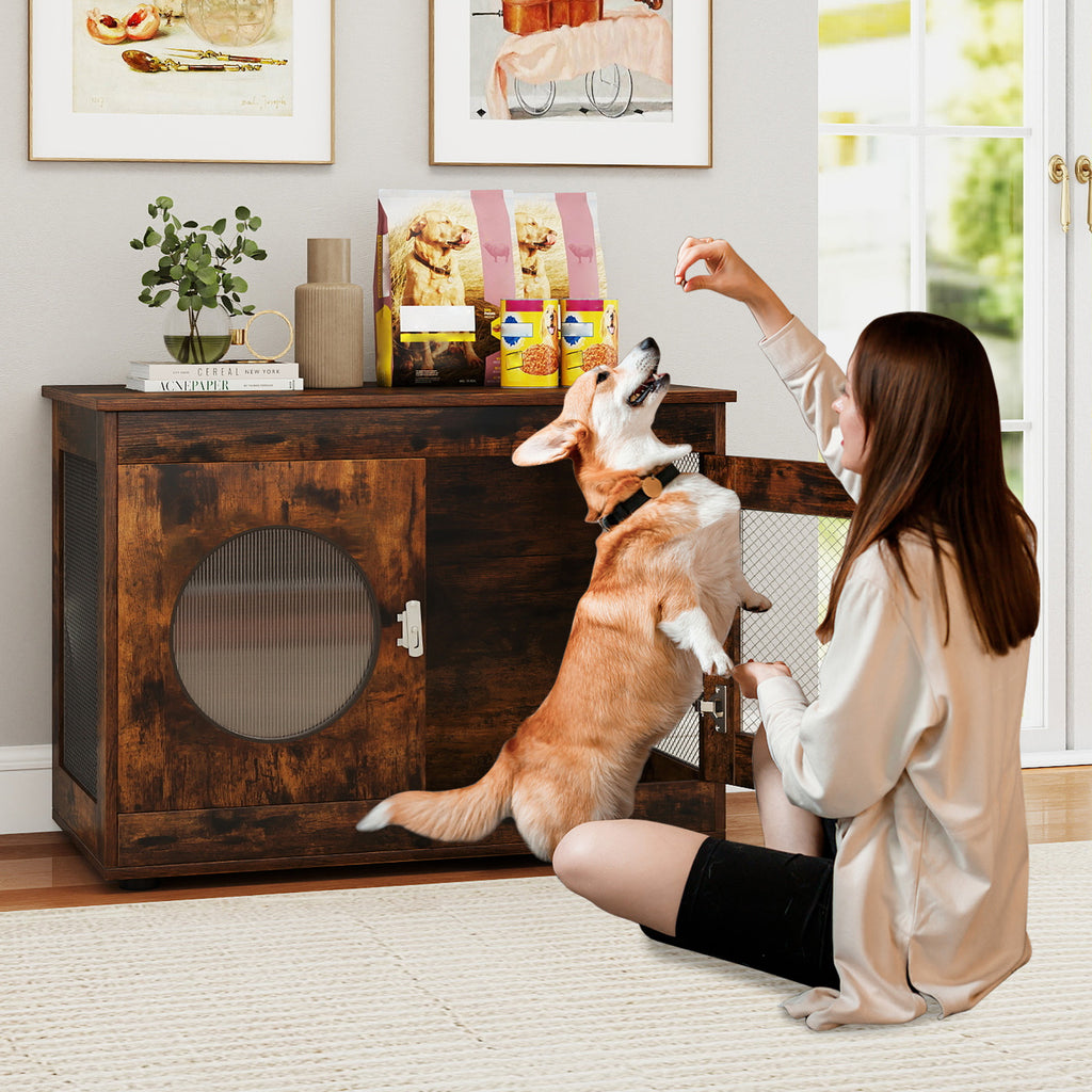 Furniture Style Dog Crate with Translucent Window and Lockable Door - Rustic Brown, Small to Medium Dogs