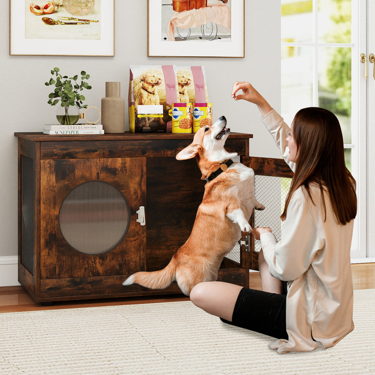 Furniture Style Dog Crate with Translucent Window and Lockable Door - Rustic Brown, Small to Medium Dogs