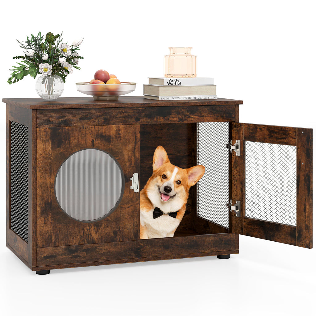 Furniture Style Dog Crate with Translucent Window and Lockable Door - Rustic Brown, Small to Medium Dogs