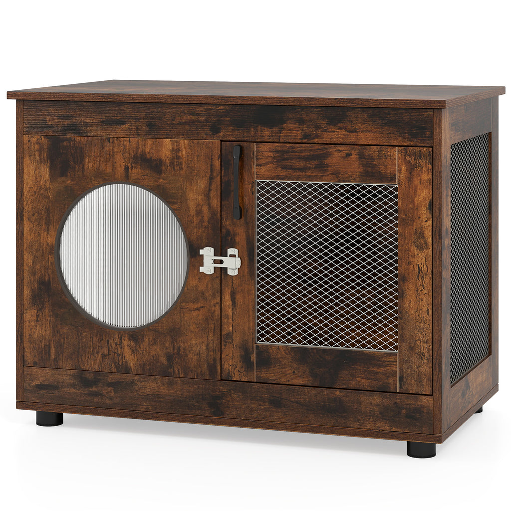 Furniture Style Dog Crate with Translucent Window and Lockable Door - Rustic Brown, Small to Medium Dogs
