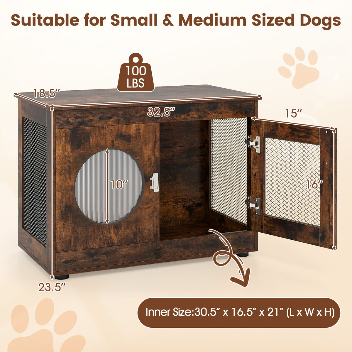 Furniture Style Dog Crate with Translucent Window and Lockable Door - Rustic Brown, Small to Medium Dogs