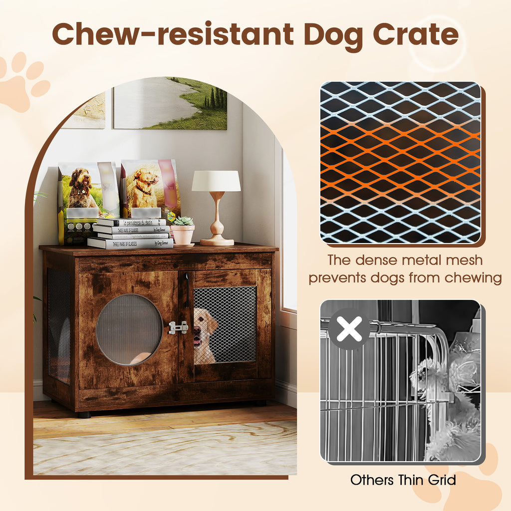 Furniture Style Dog Crate with Translucent Window and Lockable Door - Rustic Brown, Small to Medium Dogs