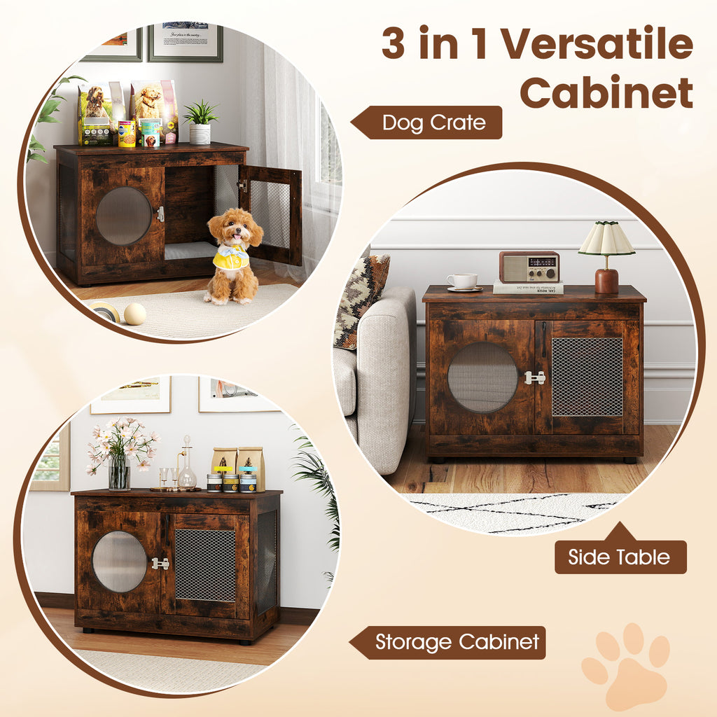 Furniture Style Dog Crate with Translucent Window and Lockable Door - Rustic Brown, Small to Medium Dogs