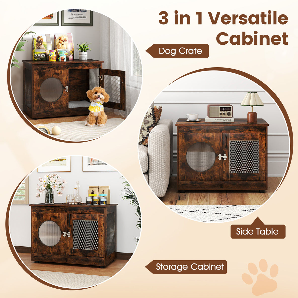 Furniture Style Dog Crate with Translucent Window and Lockable Door - Rustic Brown, Small to Medium Dogs
