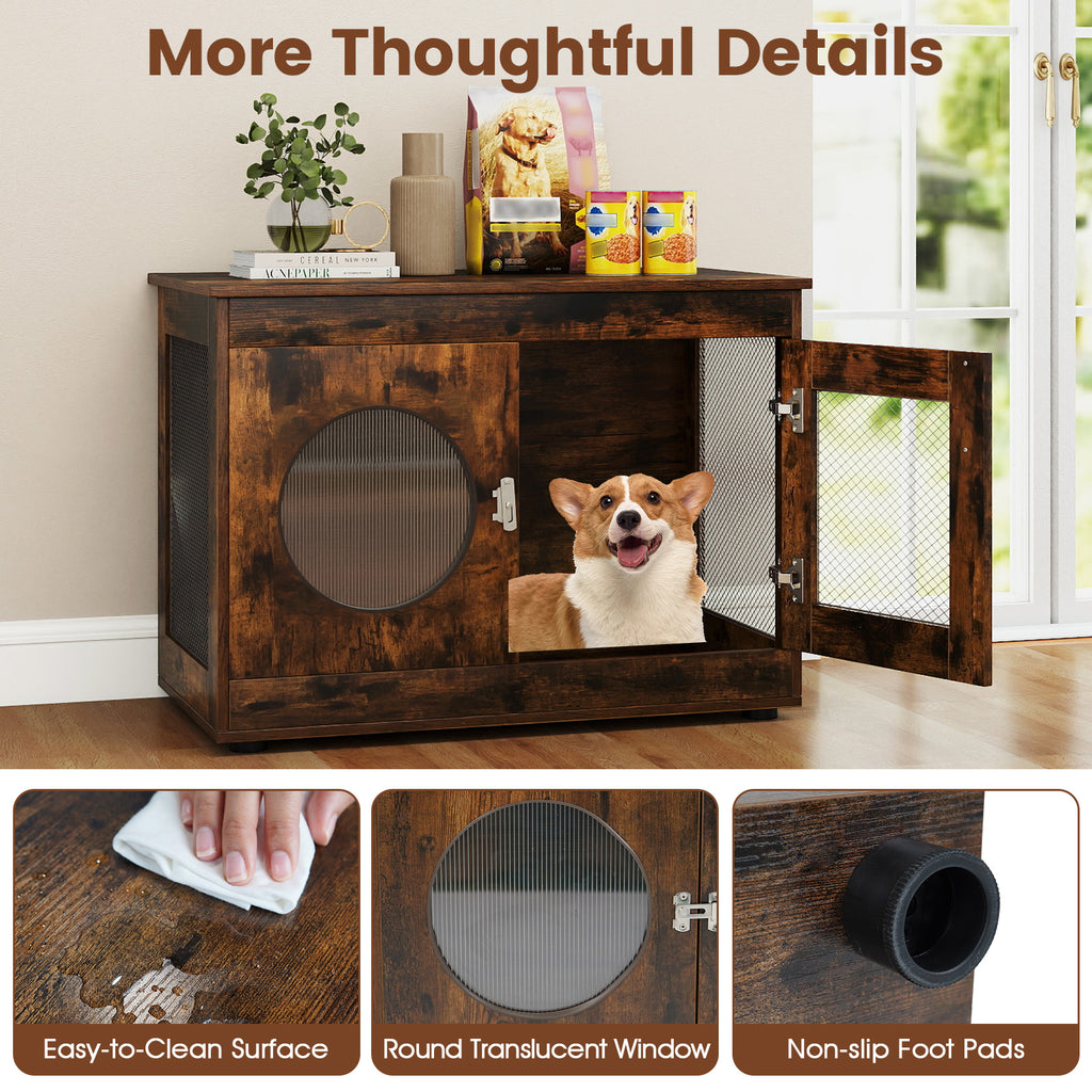 Furniture Style Dog Crate with Translucent Window and Lockable Door - Rustic Brown, Small to Medium Dogs