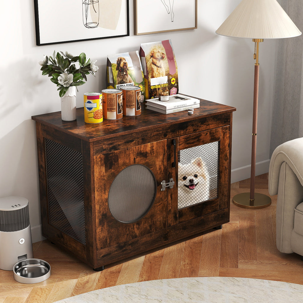 Furniture Style Dog Crate with Translucent Window and Lockable Door - Rustic Brown, Small to Medium Dogs