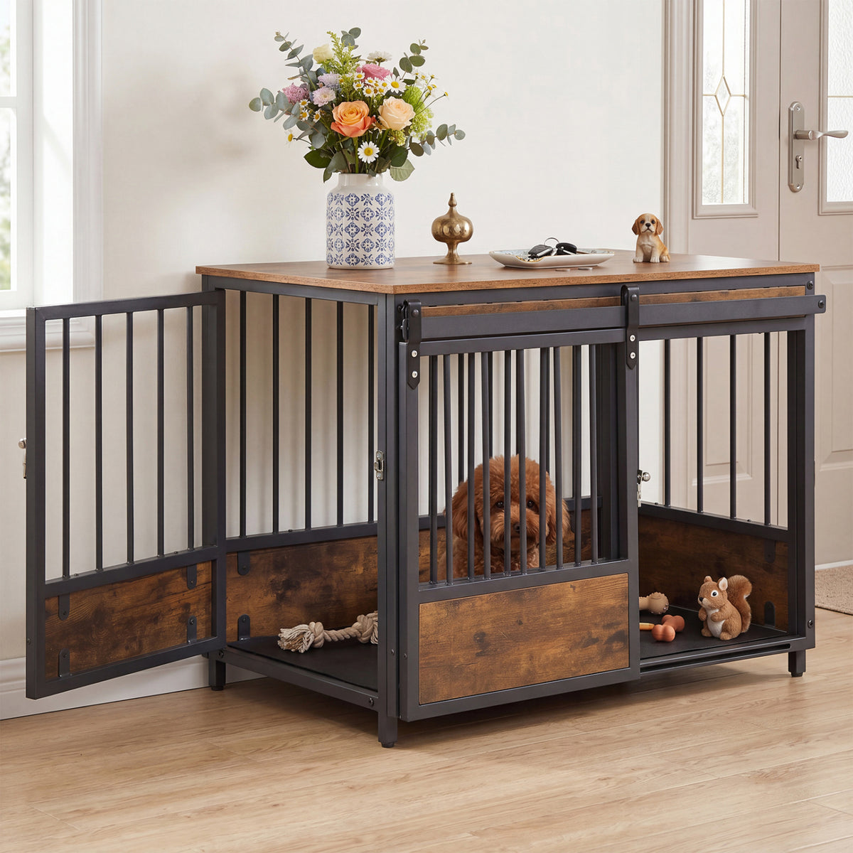 Furniture Style Dog Crate with 2 Doors, Safety Latch & Mat - Rustic Brown, Side & Front Sliding Doors