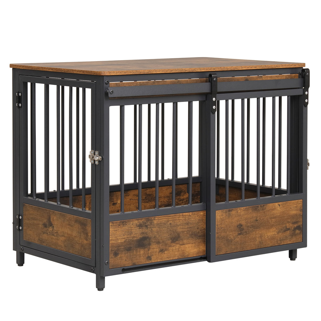 Furniture Style Dog Crate with 2 Doors, Safety Latch & Mat - Rustic Brown, Side & Front Sliding Doors