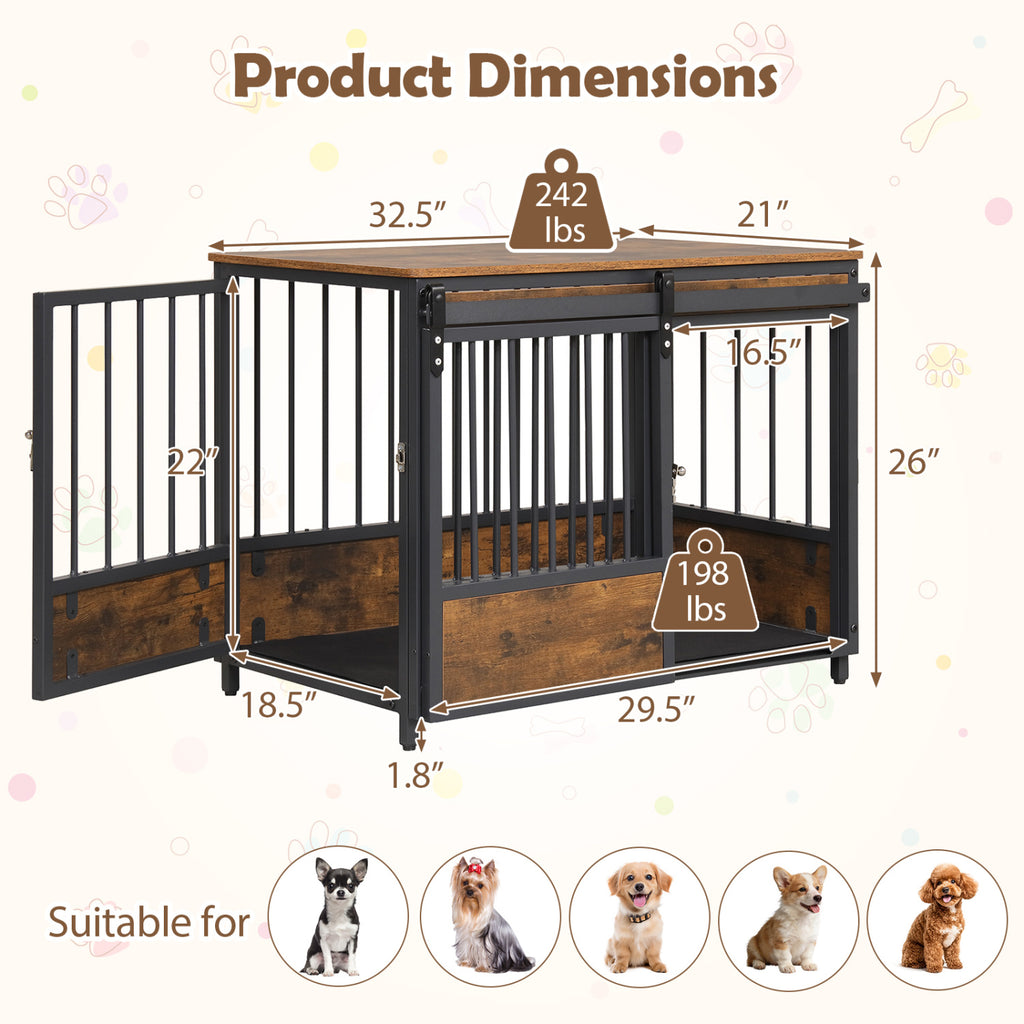 Furniture Style Dog Crate with 2 Doors, Safety Latch & Mat - Rustic Brown, Side & Front Sliding Doors