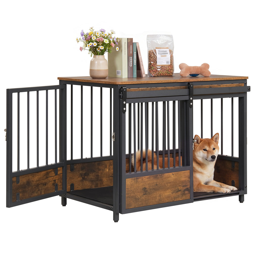 Furniture Style Dog Crate with 2 Doors, Safety Latch & Mat - Rustic Brown, Side & Front Sliding Doors