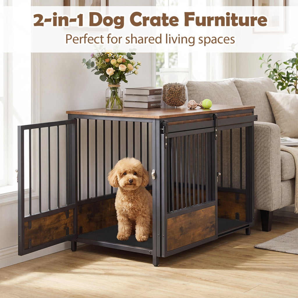Furniture Style Dog Crate with 2 Doors, Safety Latch & Mat - Rustic Brown, Side & Front Sliding Doors