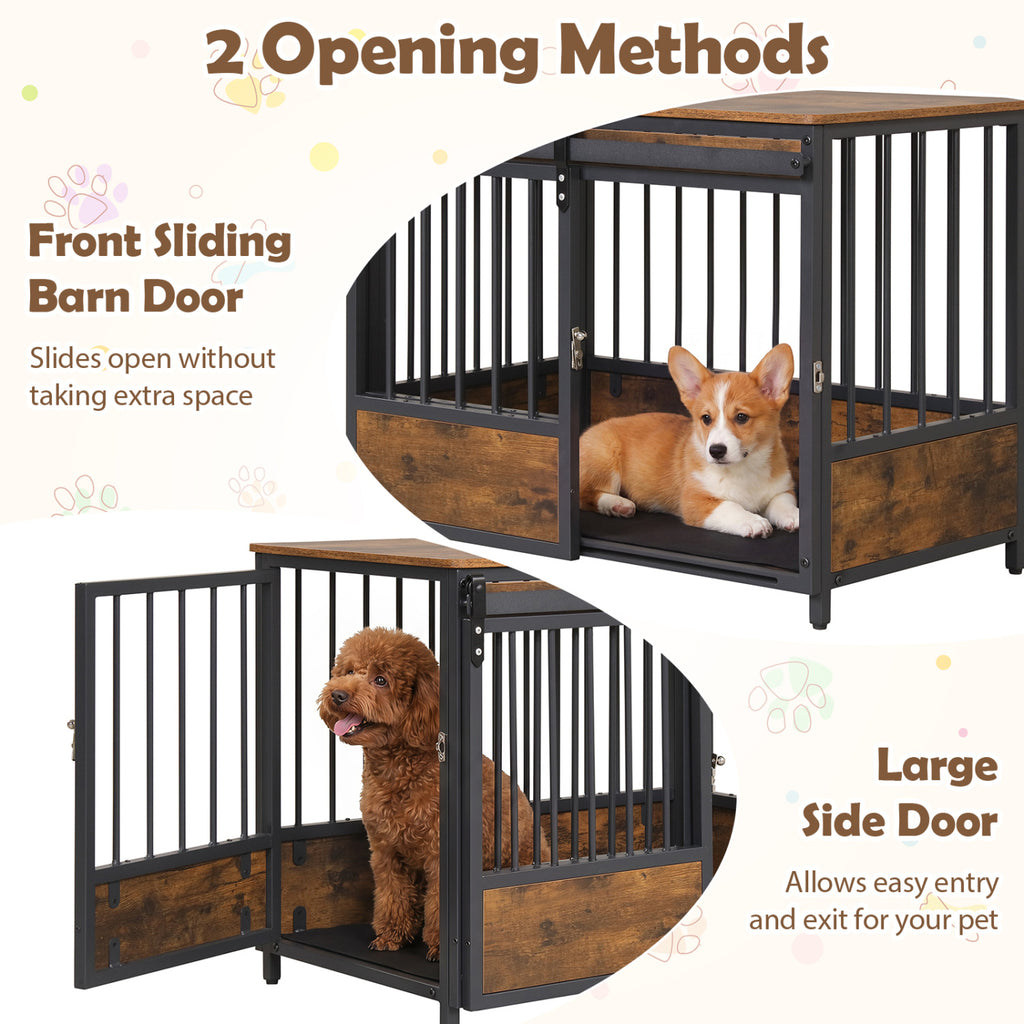 Furniture Style Dog Crate with 2 Doors, Safety Latch & Mat - Rustic Brown, Side & Front Sliding Doors