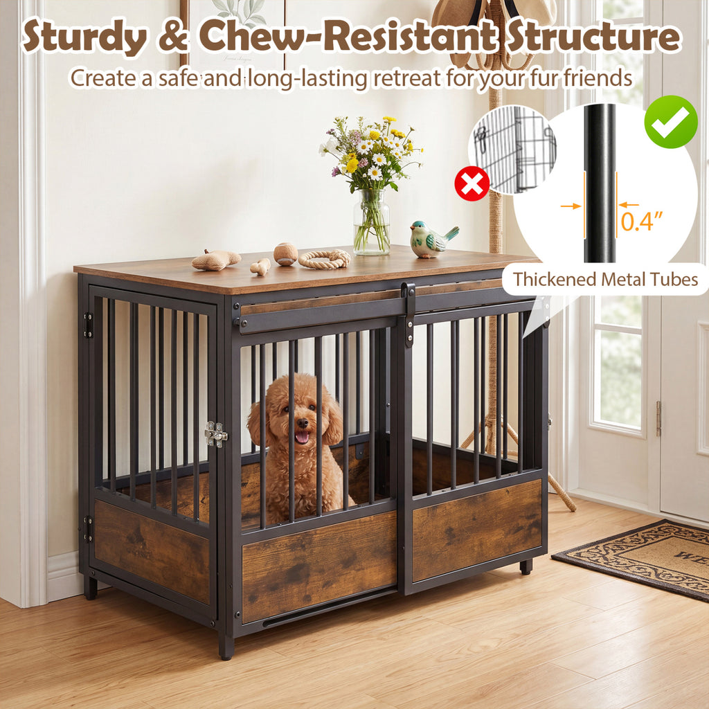Furniture Style Dog Crate with 2 Doors, Safety Latch & Mat - Rustic Brown, Side & Front Sliding Doors