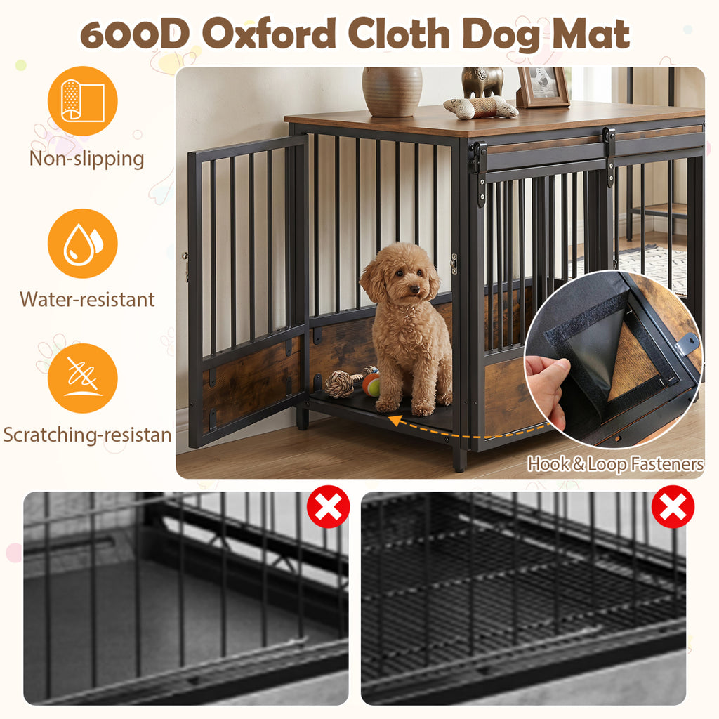 Furniture Style Dog Crate with 2 Doors, Safety Latch & Mat - Rustic Brown, Side & Front Sliding Doors