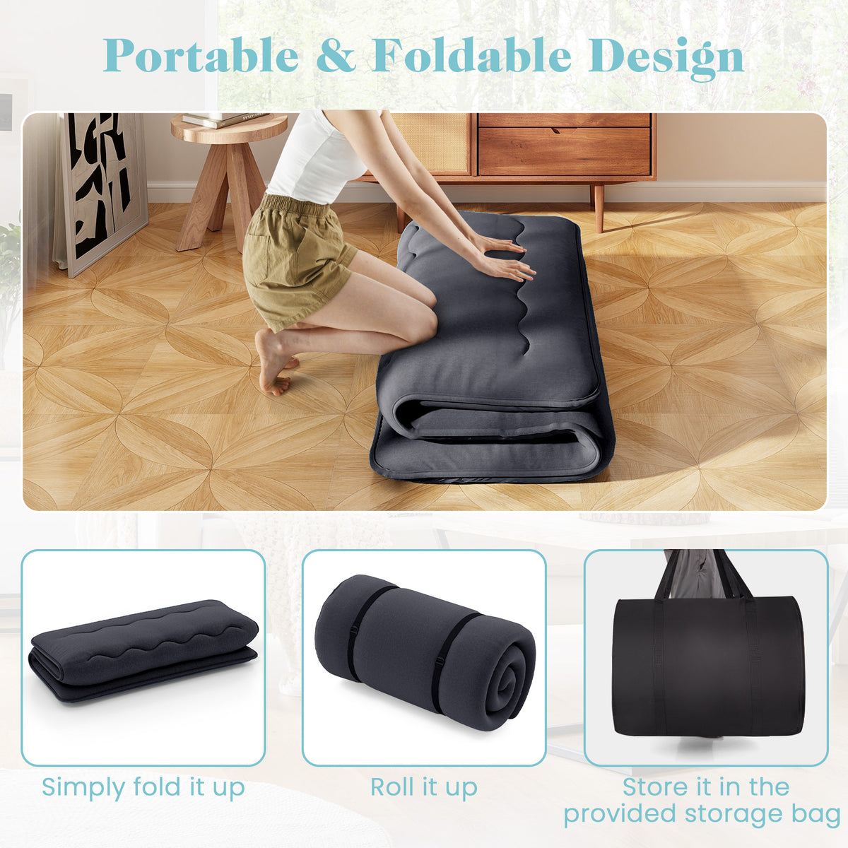Futon Mattress with Washable Cover - Black, Full Size