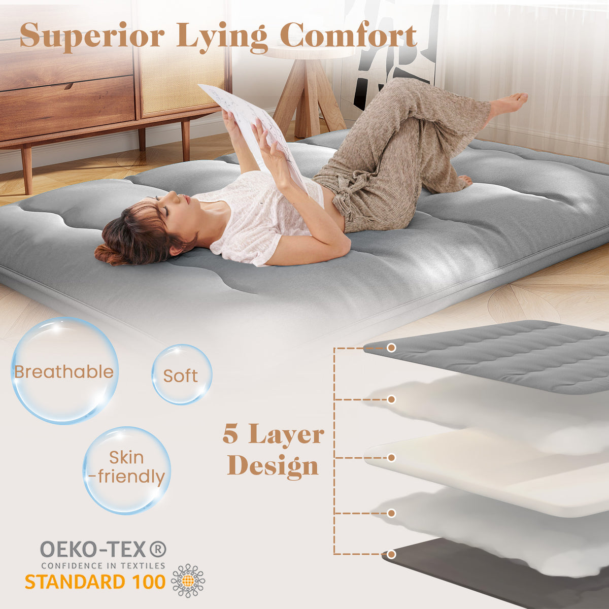 Full Size Futon Mattress with Washable Cover - Gray