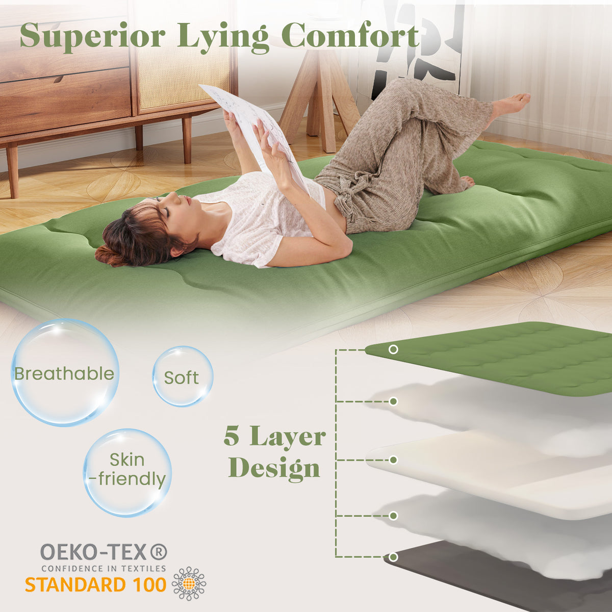 Floor Mattress with Washable Cover and Carry Bag - Twin Size, Green