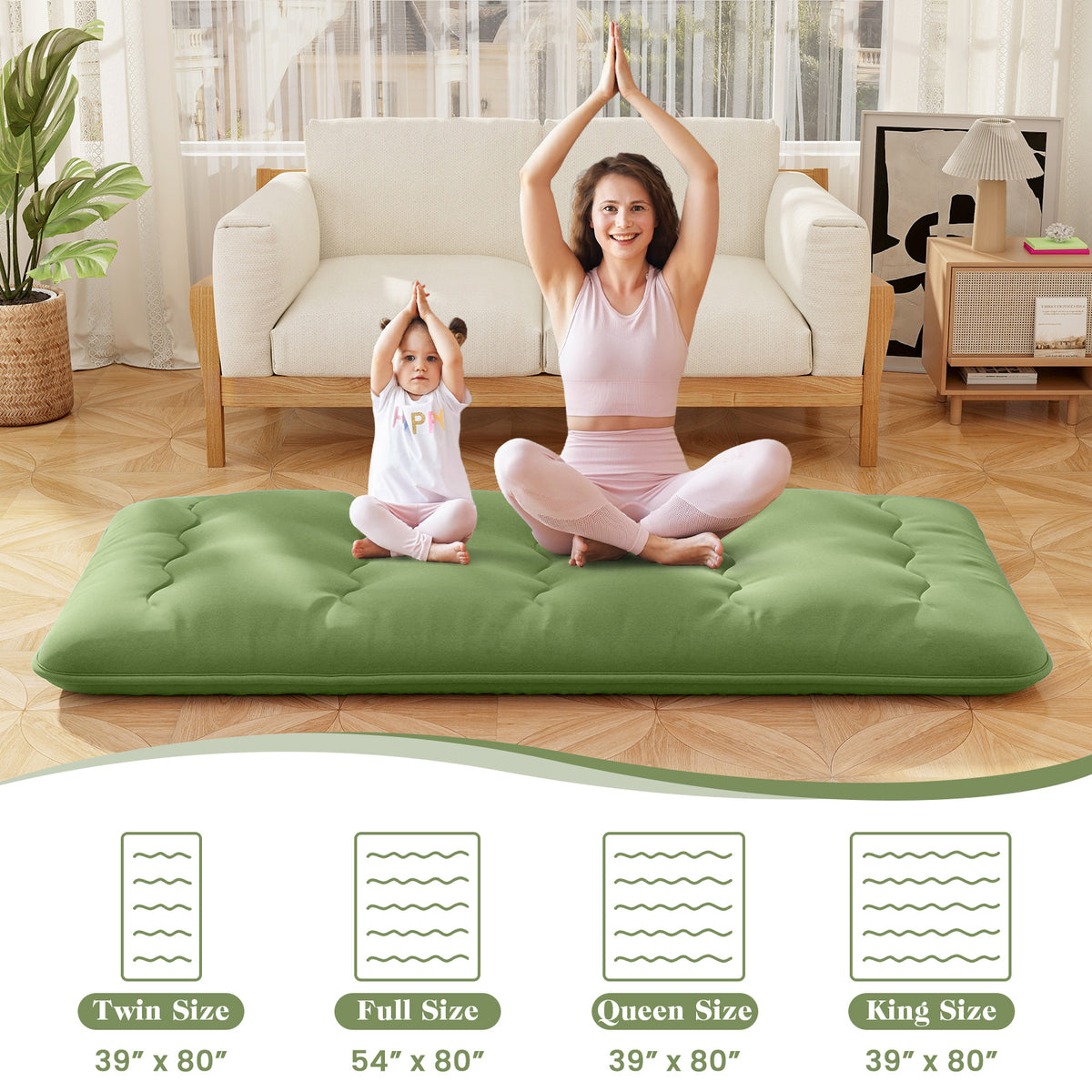 Floor Mattress with Washable Cover and Carry Bag - Twin Size, Green