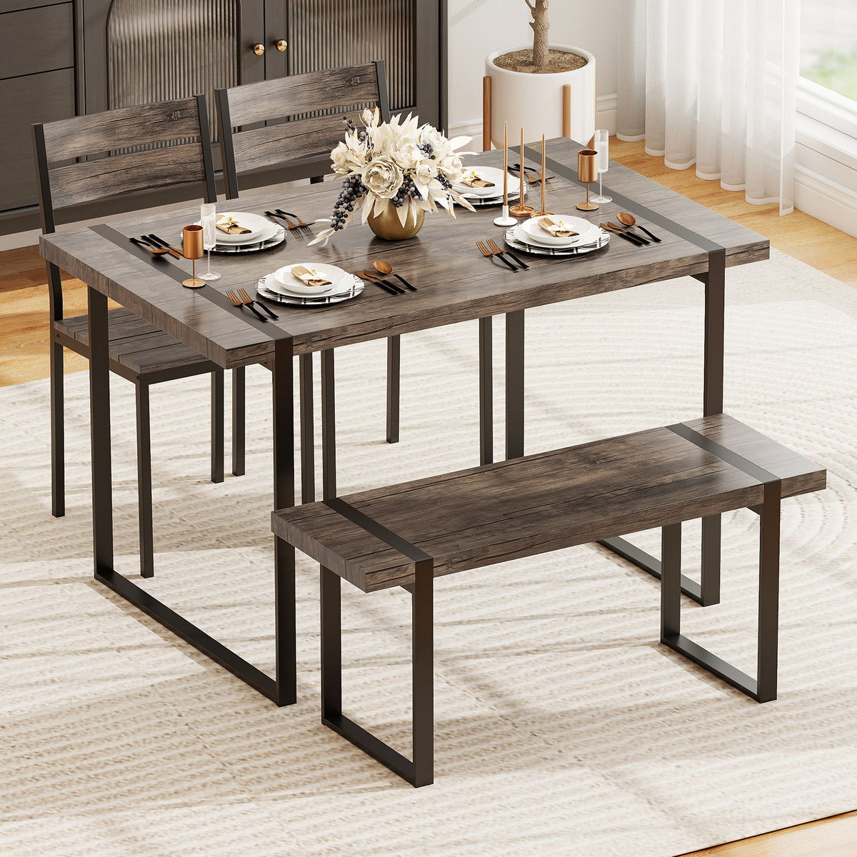 4-Piece Dining Table Set with Bench & Chairs - Black & Gray