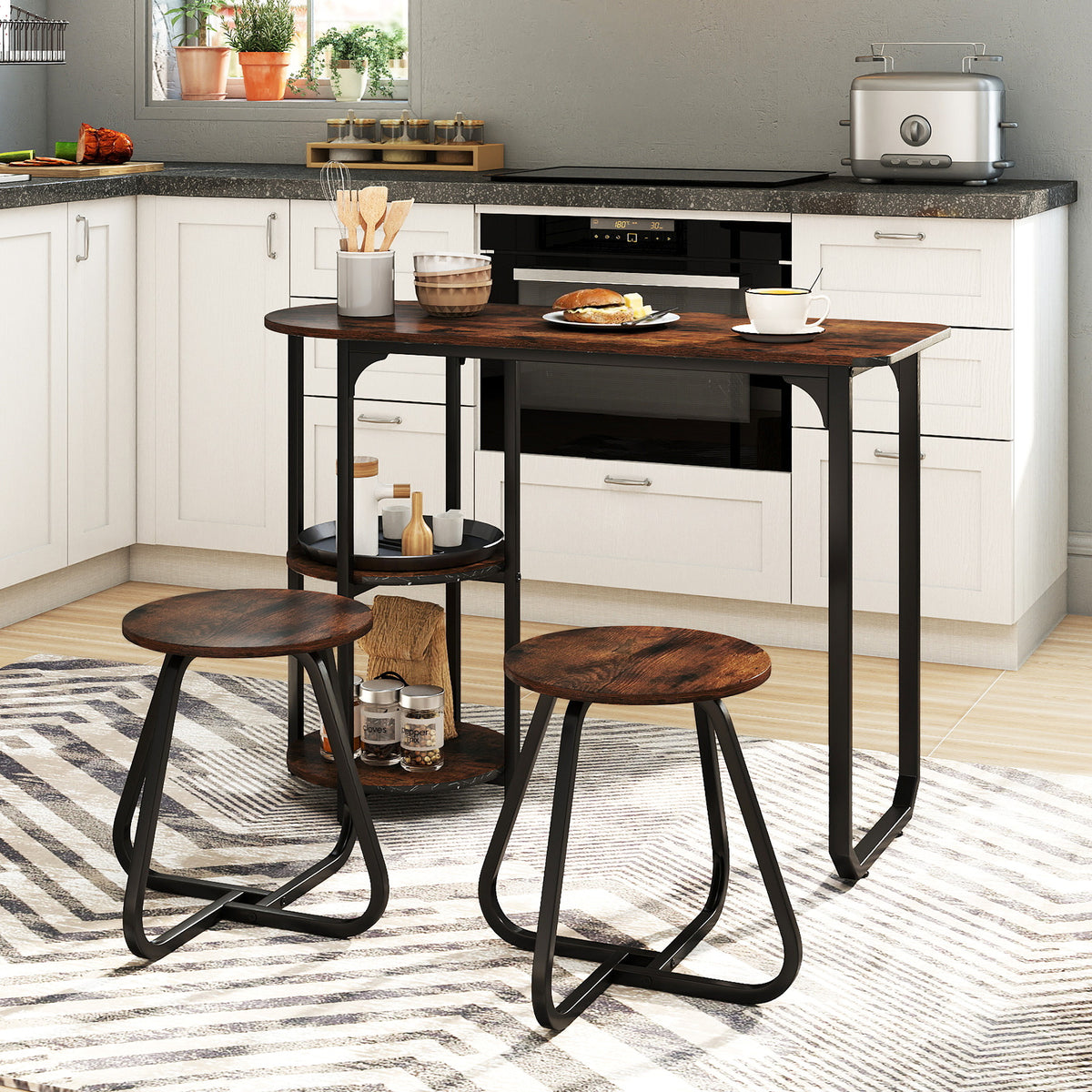 Industrial Dining Table Set with 2 Stools – Black