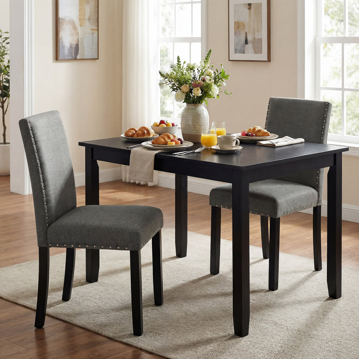 Wooden Dining Chairs Set of 2, Liner Fabric with Bent Wood Legs