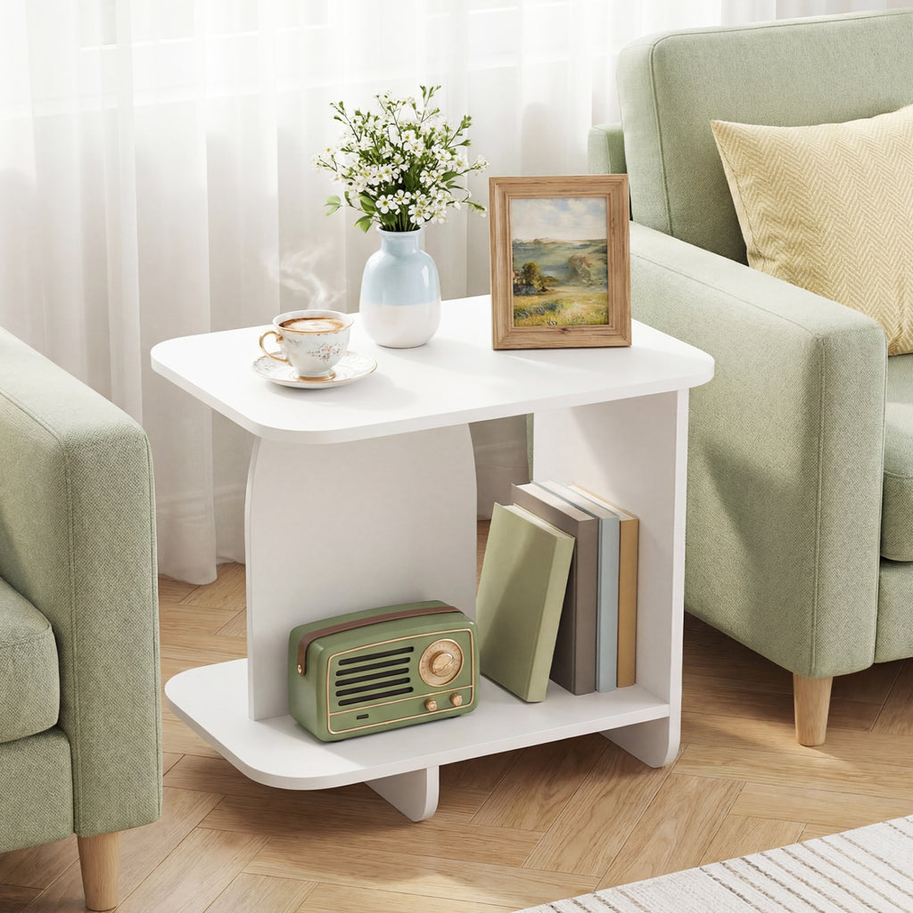 End Table with 2-Tier Storage Shelf, White