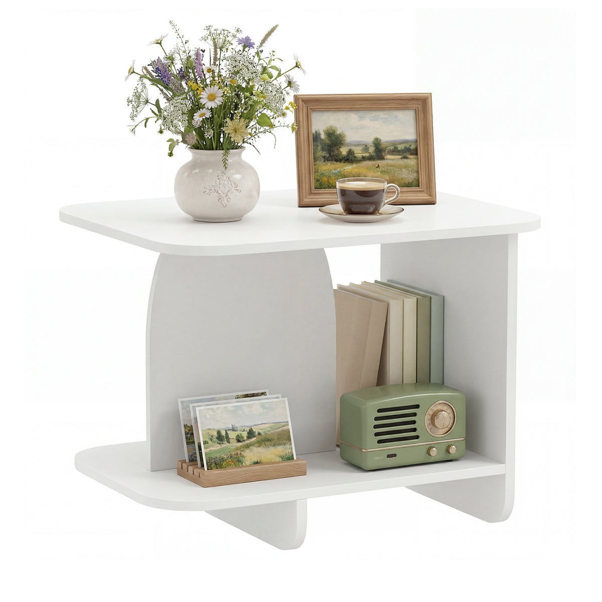 2-Tier End Table Set of 2 with Storage Shelf, White