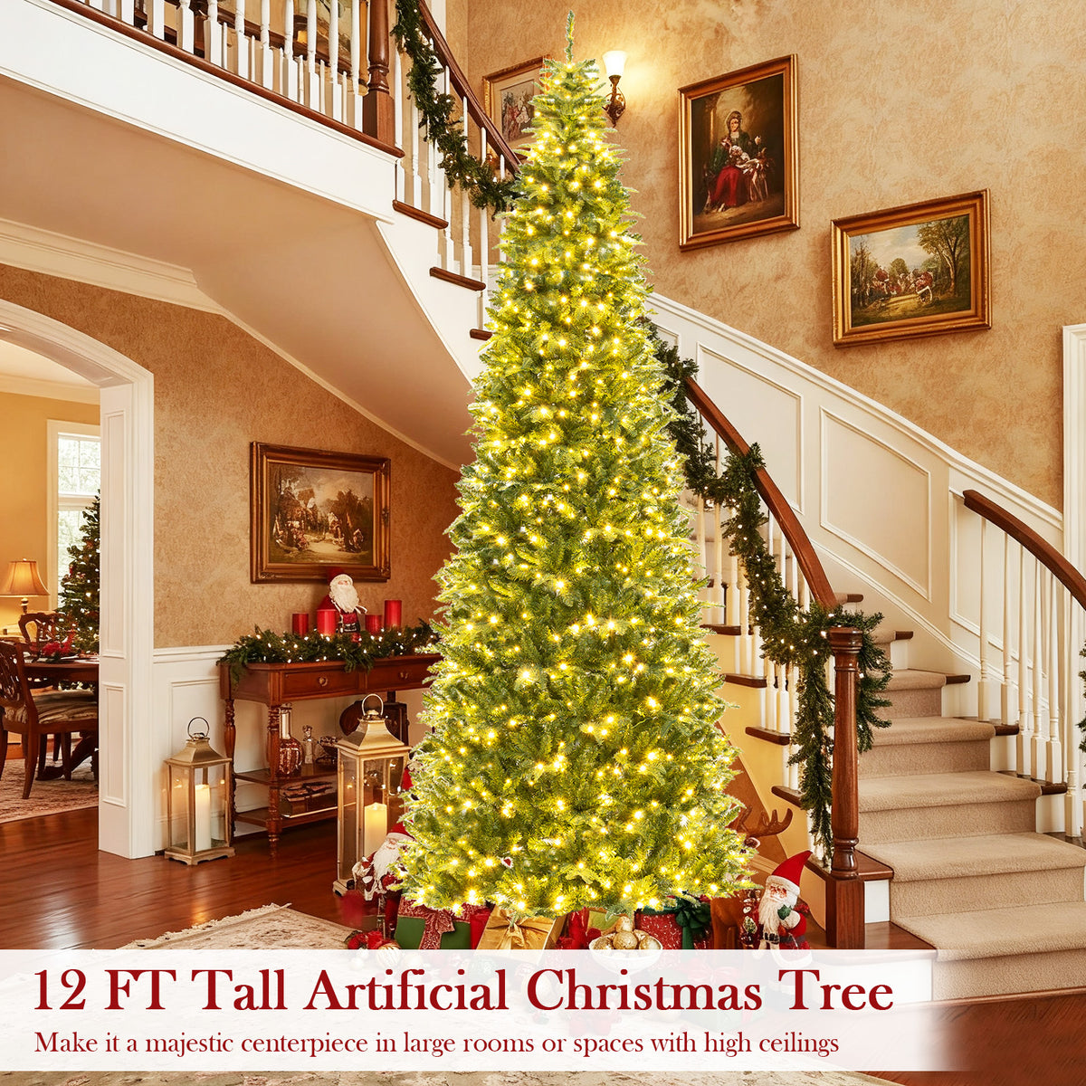 12 Feet Tall Prelit Artificial Christmas Tree with 2517 PVC PE Branch Tips - Hinged, Indoor & Outdoor