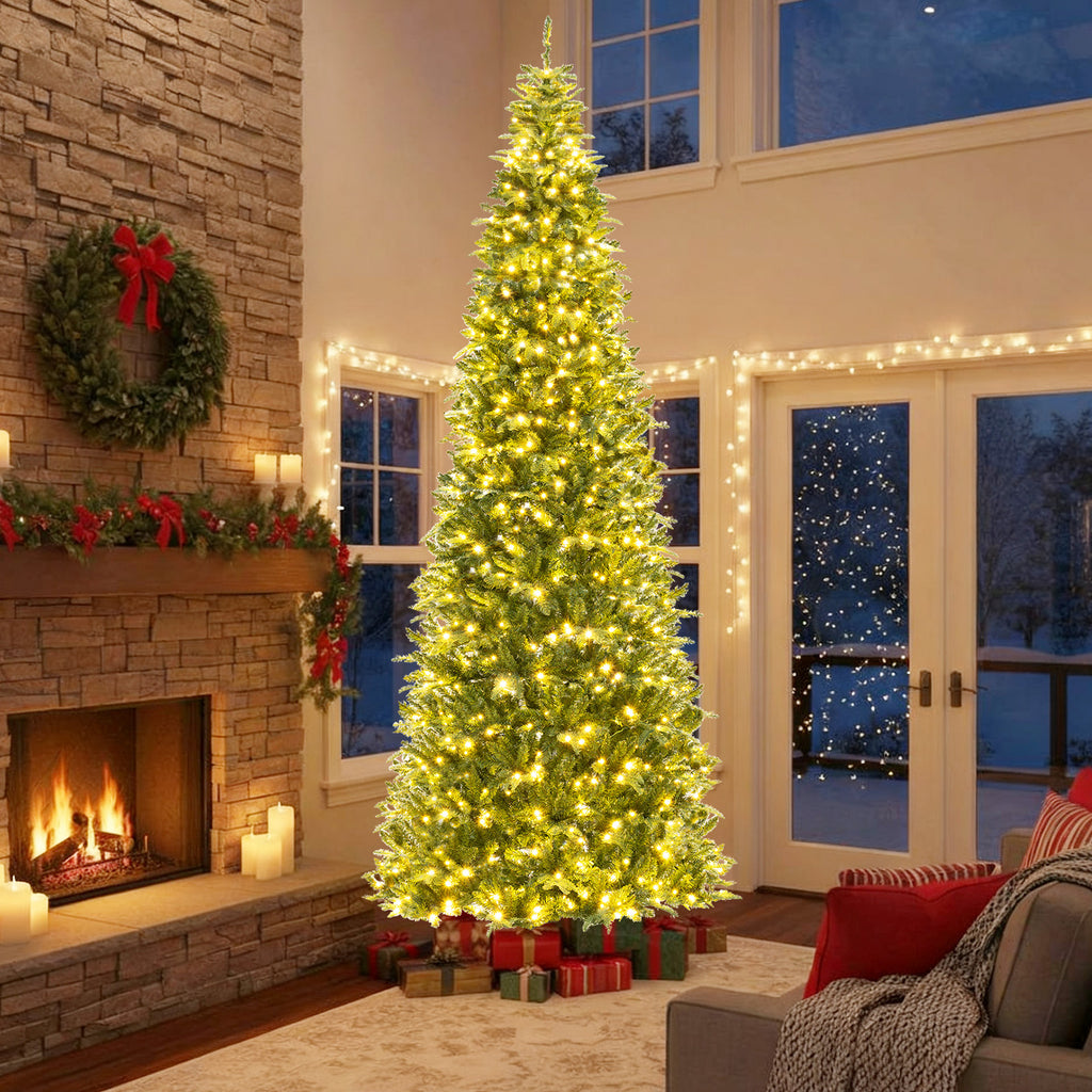 12 Feet Tall Prelit Artificial Christmas Tree with 2517 PVC PE Branch Tips - Hinged, Indoor & Outdoor