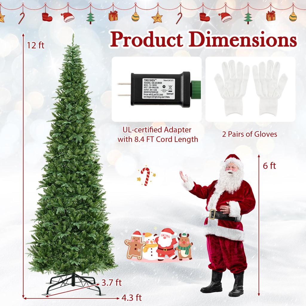 12 Feet Tall Prelit Artificial Christmas Tree with 2517 PVC PE Branch Tips - Hinged, Indoor & Outdoor
