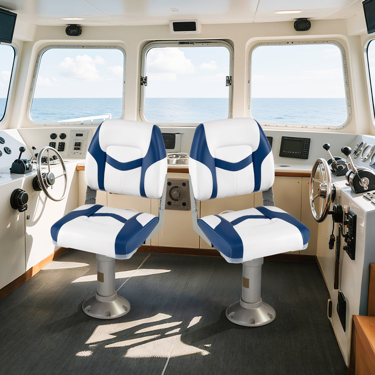 Boat Seat Set with Fixing Bolts and Hinges - Black, Weather-Resistant Cushioned Seating