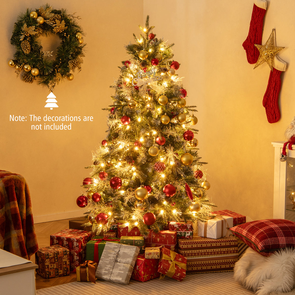 5 Ft Pre-Lit Artificial Christmas Tree with 8 Modes LED Lights & Red Berries - Costway