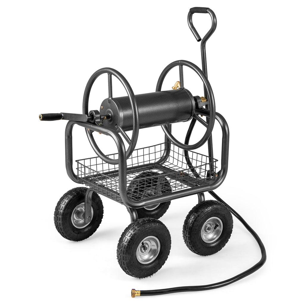 Garden Hose Reel Cart with Storage Basket - 2 Wheels, Green