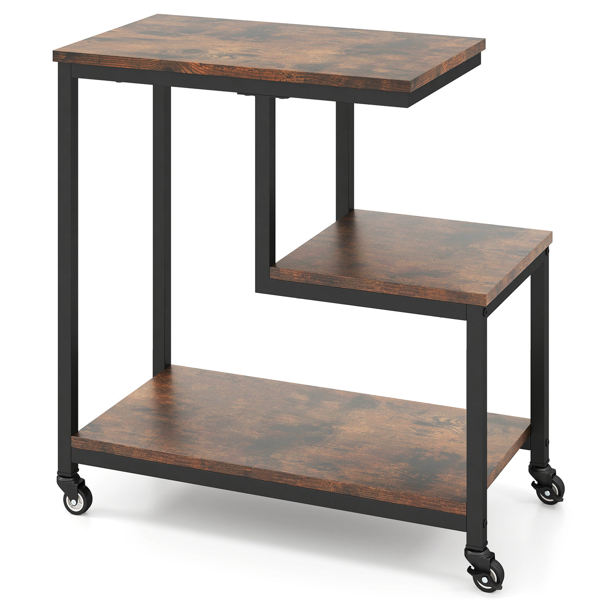 G-Shaped Side Table 3-Tier Mobile End Table, Rustic Brown