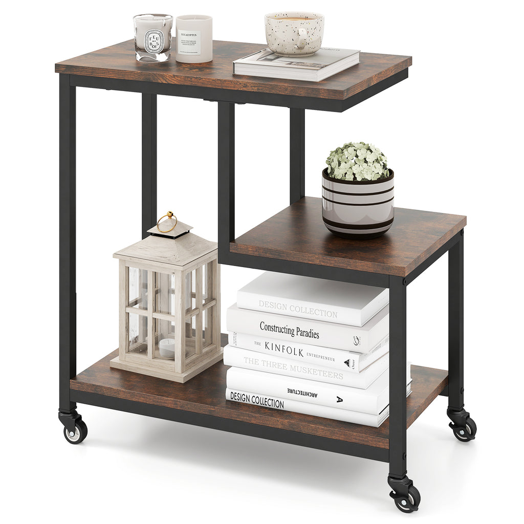 G-shaped Side Table 3-Tier Mobile End Table, Rustic Brown