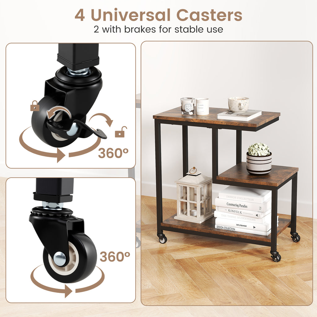 G-shaped Side Table 3-Tier Mobile End Table, Rustic Brown
