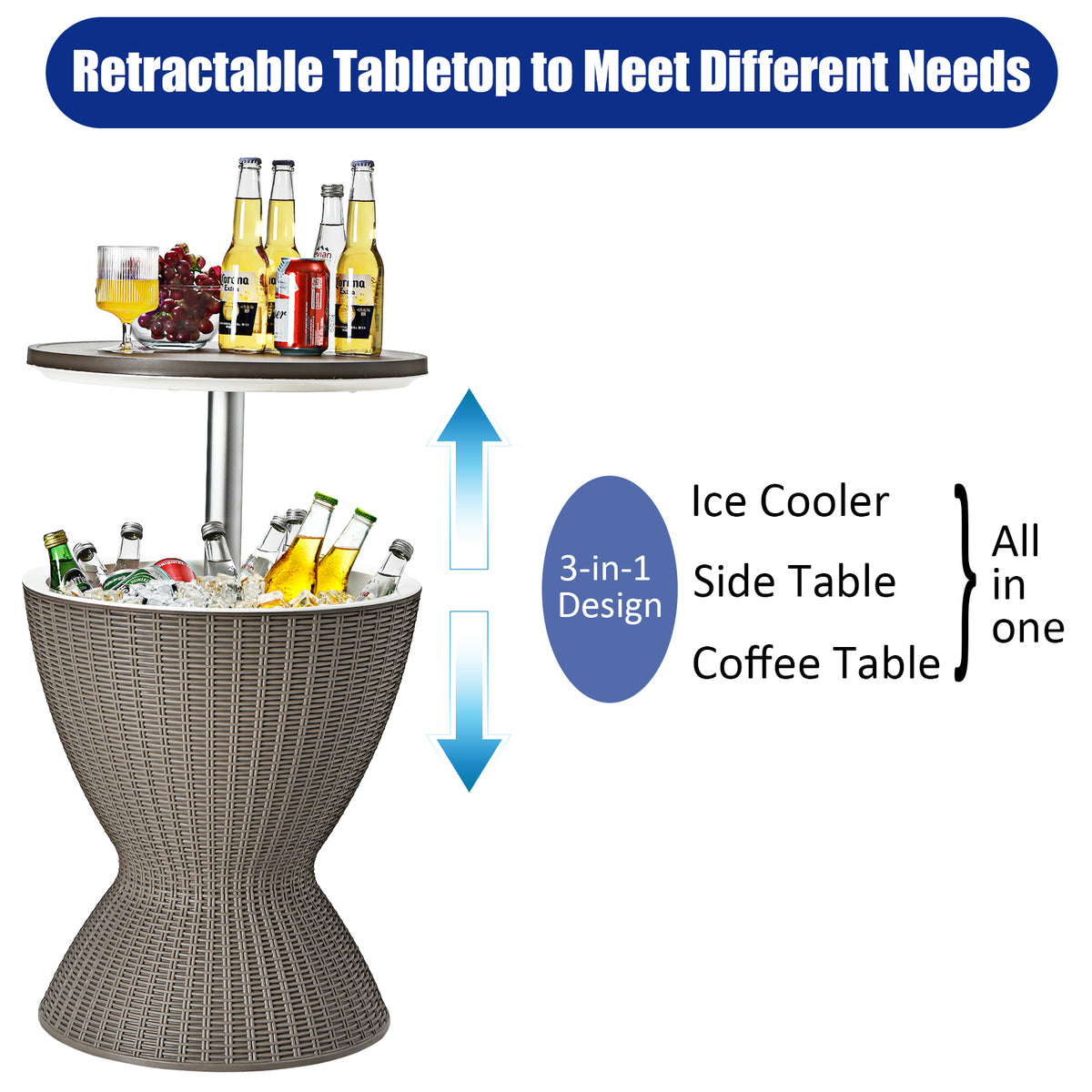 Outdoor Rattan Bar Table with Extendable Tabletop, Brown