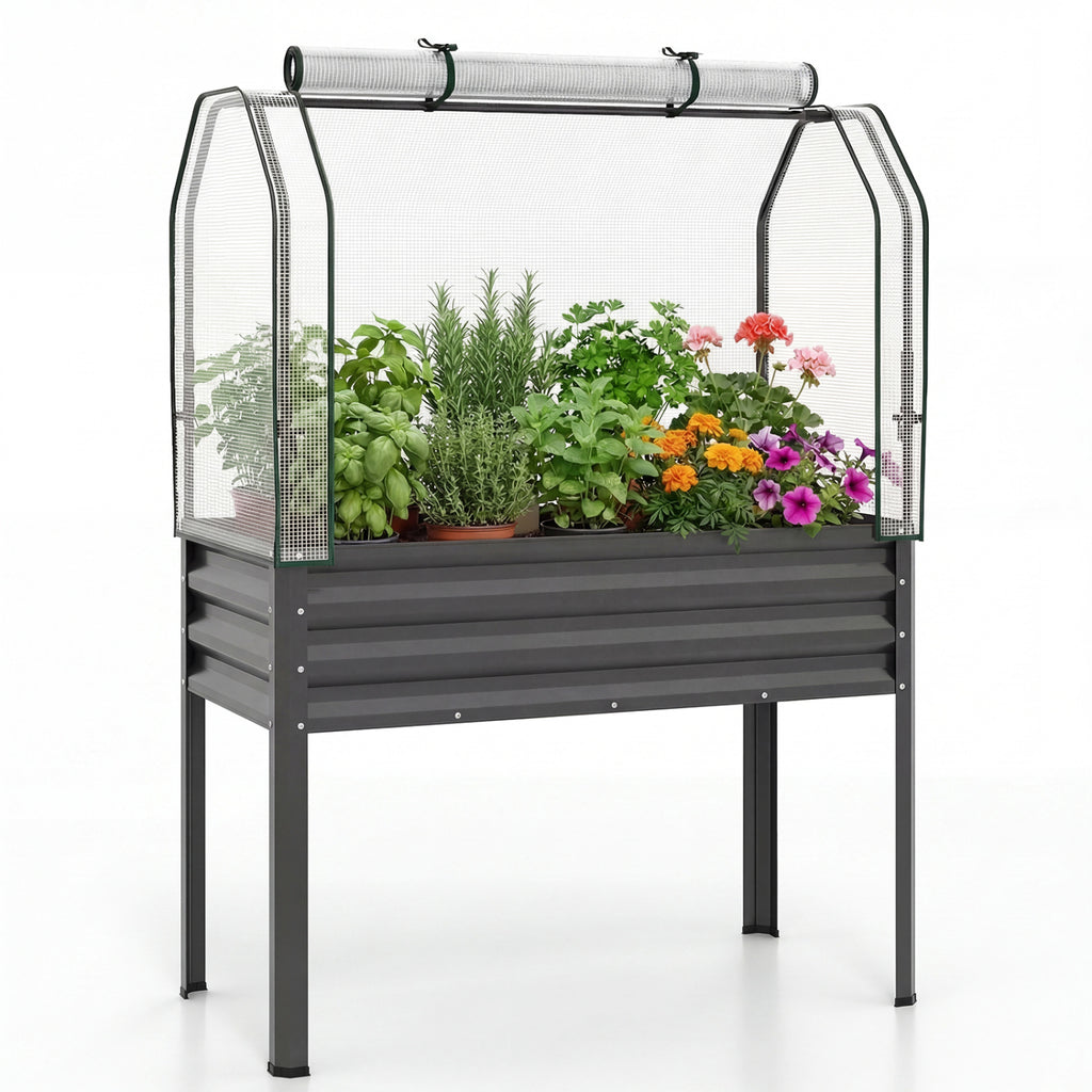 Galvanized Raised Garden Bed with Greenhouse Cover - Gray