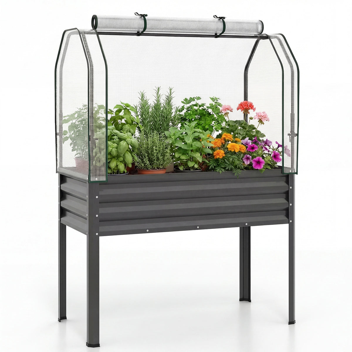Galvanized Raised Garden Bed with Greenhouse Cover - Gray