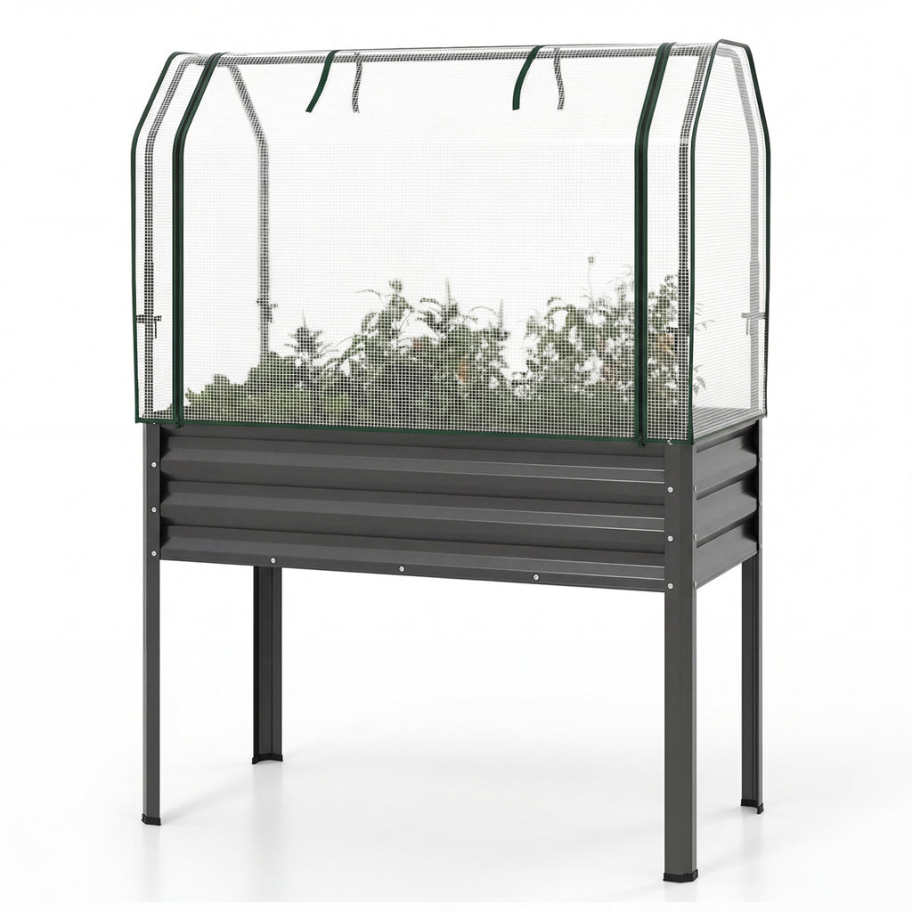 Galvanized Raised Garden Bed with Greenhouse Cover - Gray